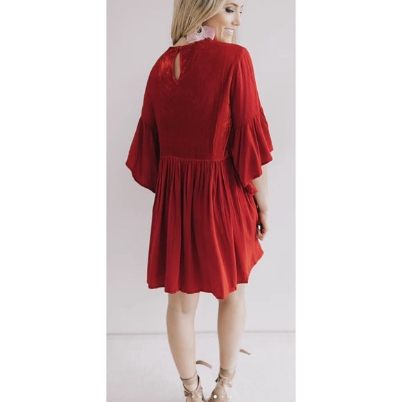 Umgee Women Velvet Shift Mini Dress Red Small Size Embroidered Party Christmas - Picture 5 of 11